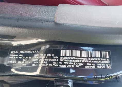 2019 Alfa Romeo Stelvio Rwd from USA, damaged, VIN ZASPAJAN1K7C70965